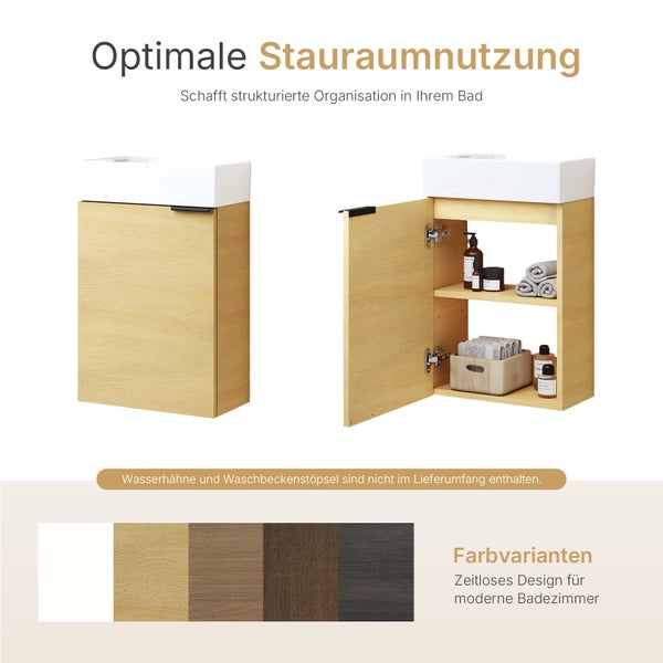 EMKE Waschbecken mit Unterschrank 417×240×646 mm, Badmöbel-Set mit Soft-Close, Türgriff, 2-fach verstellbarem Einlegeboden, Wandmontage, beidseitig montierbar, Eiche