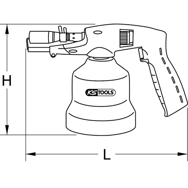 Strichzeichnung eines KS Tools Gasbrenners mit Maßangaben für Höhe und Länge.