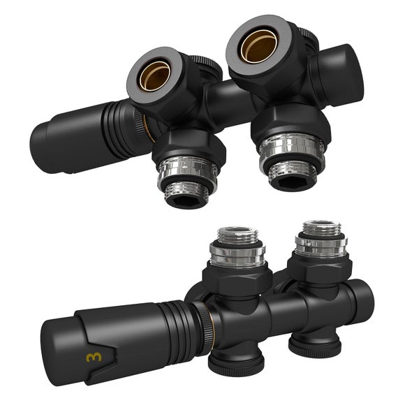 Zwei Heizkörperanschlussblöcke aus Metall