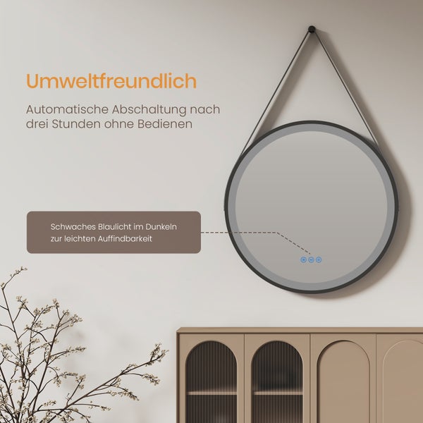 Runder Spiegel mit Aufhängung und schwachem Blaulicht