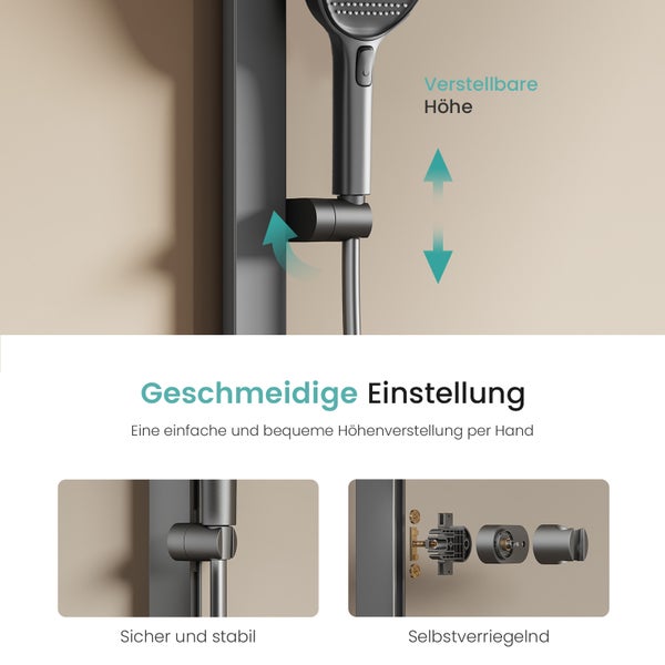 EMKE Duschsystem mit Thermostat, Duschsäule mit 40 cm thermostatischer Glasplatte, höhenverstellbarer Brausestange, Handbrause mit 4 Strahlarten & Wasserauslass, Anthrazit Matt