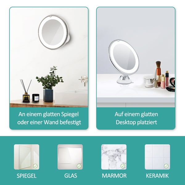 EMKE Kosmetikspiegel 20x17,5 cm, 5-fach Vergrößerung, 14 LEDs 6000K, mechanischer Schalter, Tisch- und Wandhalterung (Saugnapf), mattierter Spiegelrand, IP20