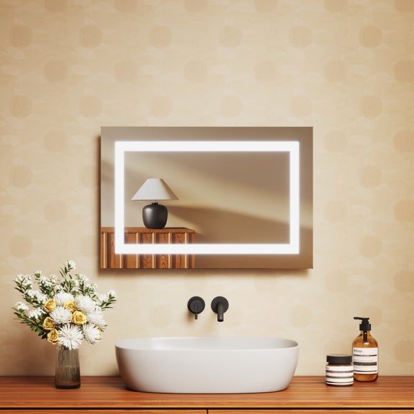 EMKE Badspiegel mit Beleuchtung 60x40 cm, Kaltweiß/Warmweiß, LED-Spiegel mit Kippschalter, Anti-Beschlag, IP44, flexibel montierbar, für Badezimmer