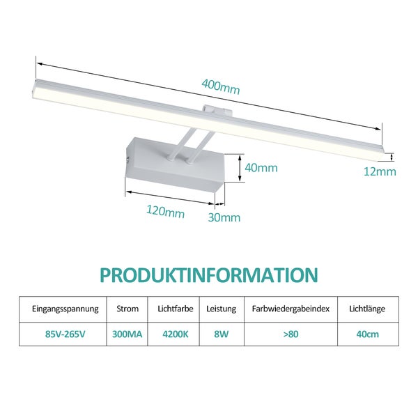 EMKE LED Spiegelleuchte Spiegellampen für das bad spiegelleuchte 40cm, 200° drehbar spiegelleuchte led badSpiegelschrank Beleuchtung 4200K IP44 Schrankleuchte (Weiß)