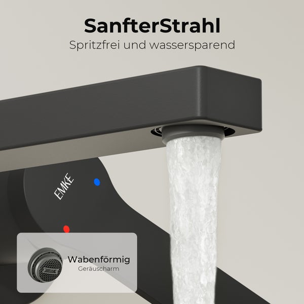 EMKE Unterputz Waschtischarmatur, 2-Loch Wandmontage mit Luftsprudler, Einhebelmischer für Waschbecken und Badewanne, L 215 x H 210 x Ø 17 mm, Schwarz