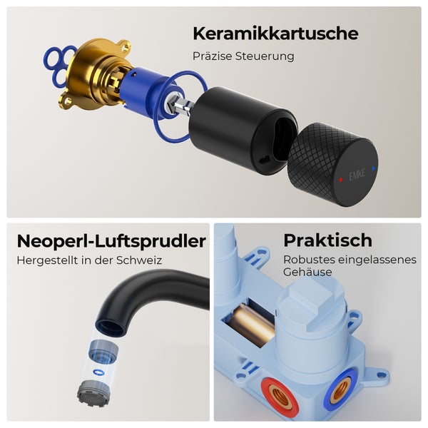 EMKE Bad-Waschtischarmatur Unterputz 281×140×65 mm, aus Kupfer, Einhebelmischer, Wandmontage, mit 170 mm Auslauf, Schwarz Matt, für Badezimmer Waschbecken geeignet