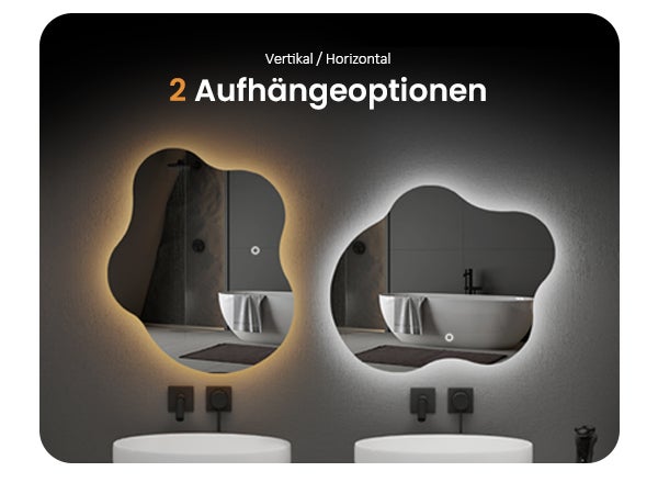 EMKE LED-Badspiegel, Rahmenloser Spiegel mit Beleuchtung,  Asymmetrischer LED Badspiegel mit Anti-Beschlag, 50 x 45 cm, Kaltweißes/Neutrales/Warmweißes Licht