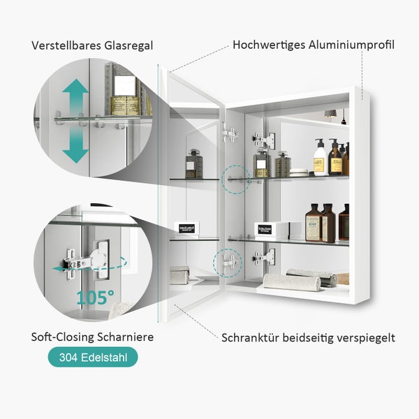 EMKE Spiegelschrank, 1-Türig,  50x65 cm, Badschrank mit doppelseitigen Spiegeltüren, weiß