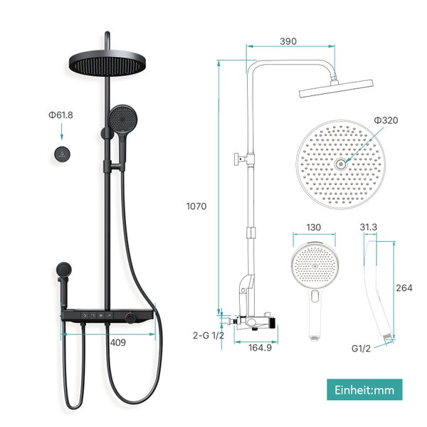 EMKE Duschsystem Thermostat, 4 Auslässe mit Rainfall-Kopfbrause, Handbrause & Kinderbrause, Wannenauslauf, digitales Display, Vorlauf-Funktion, Ablage & Entchlorung, Schwarz