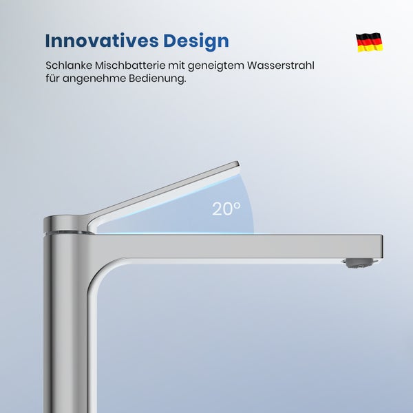 Schlanke Armatur mit geneigtem Wasserstrahl und deutscher Flagge