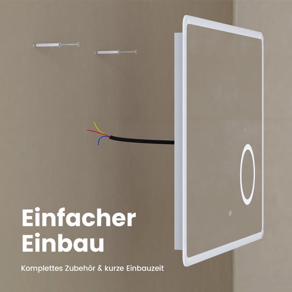 EMKE Badspiegel mit Beleuchtung 120 x 60 cm, Kaltweiß, Touch-Schalter, dimmbare Helligkeit, 3x Vergrößerung, rostfreier Spiegel, IP44, für Bad