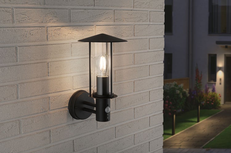Außenwandleuchte Classic Dämmerungsgesteuerter Bewegungsmelder (IR) IP44 173mm max. 15W 230V Dunkelgrau Metall, Glas