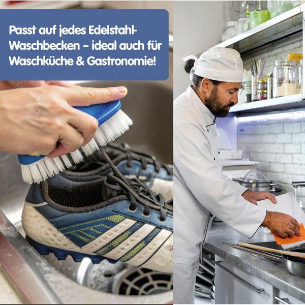 Edelstahlspüle beim Reinigen von Schuhen und im Einsatz in einer professionellen Küche durch einen Koch.