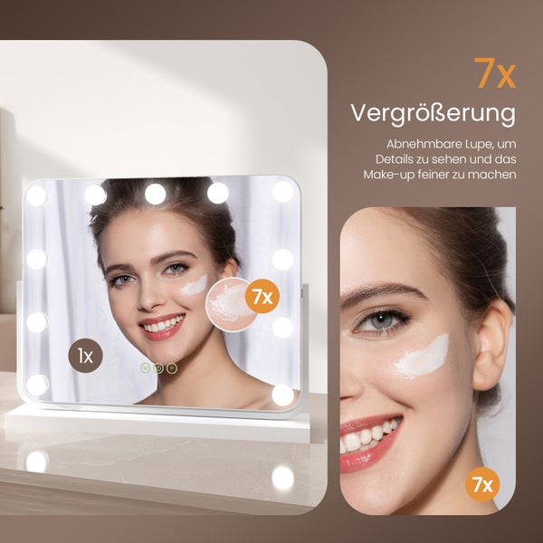 EMKE Hollywood Kosmetikspiegel mit Beleuchtung 600x516 mm, Tischspiegel mit Touchschalter, 14 dimmbare LEDs, 3 Lichtfarben, 7x Vergrößerung, Memory-Funktion, 360° drehbar, Weiß