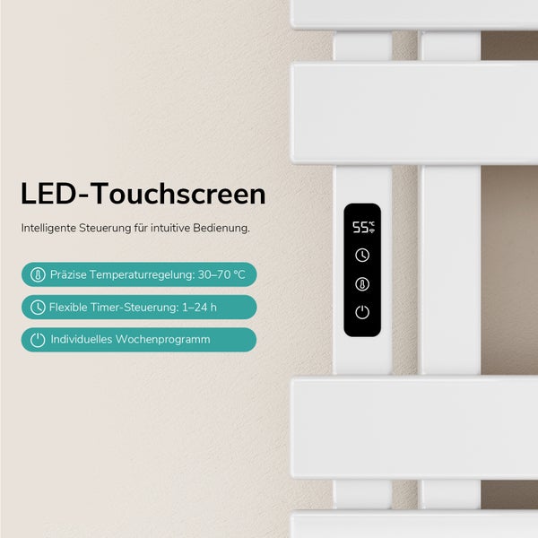 Handtuchheizkörper mit integriertem LED-Touchscreen zur Steuerung von Temperatur, Timer und Wochenprogramm.