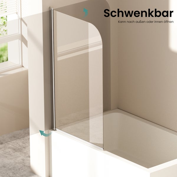 Schwenkbare Badewannenfaltwand aus Glas mit abgerundeter Ecke und silbernem Wandprofil, kann nach innen und außen geöffnet werden.
