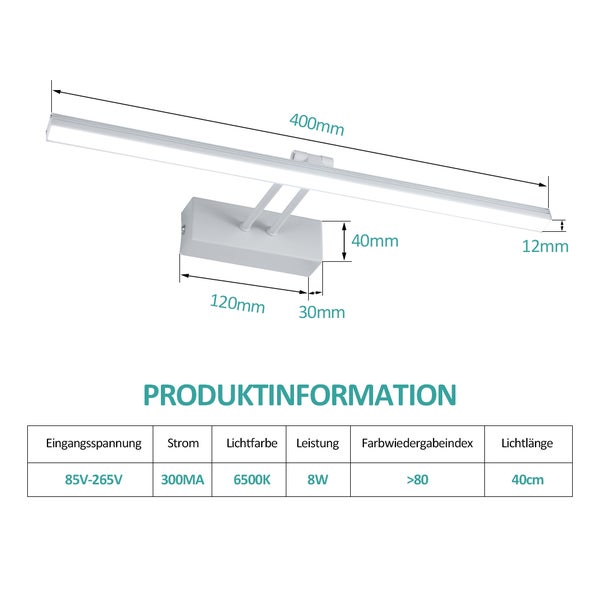 EMKE LED Spiegelleuchte Spiegellampen für das bad spiegelleuchte 40cm, 200° drehbar spiegelleuchte led badSpiegelschrank Beleuchtung 6500K IP44 Schrankleuchte (Weiß)