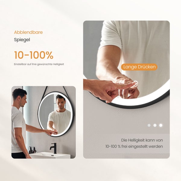 EMKE LED Badspiegel mit Beleuchtung Ø50 cm, Kaltweiß Licht, Touch-Schalter, Antibeschlag, IP44, Schwarz Rahmen & Zierleiste, IP44, für Badezimmer