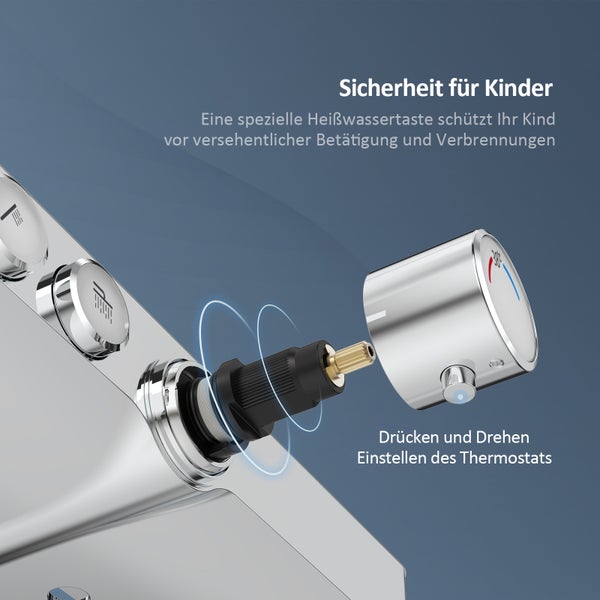 EMKE Duschsystem mit Thermostat 38 °C, Überkopfbrause, Handbrause 3 Strahlarten, unterer Wasserauslass, Verbrühungsschutz, Wandmontage, 114,6×45×48 cm, Chrom