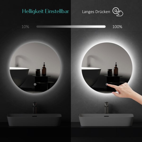 Runder Badspiegel mit einstellbarer Helligkeit von 10 Prozent bis 100 Prozent