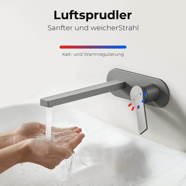 EMKE Unterputz Waschtischarmatur, 2-Loch Wandmontage mit Luftsprudler, Einhebelmischer für Waschbecken und Badewanne, L 215 x H 210 x Ø 17 mm, Anthrazit