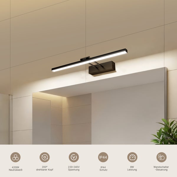 Wandleuchte mit drehbarem Kopf und Wandschaltersteuerung über einem Spiegel