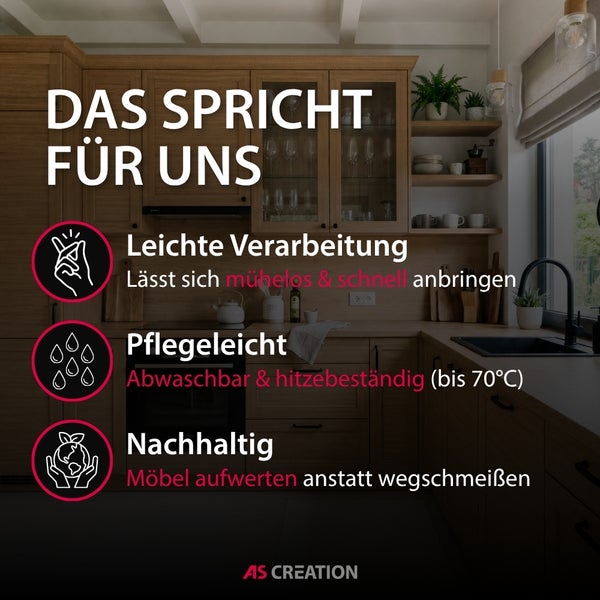 Moderne Holzküche mit Produktvorteilen: leichte Verarbeitung, pflegeleicht, hitzebeständig bis 70 Grad und nachhaltig. AS Creation Logo.