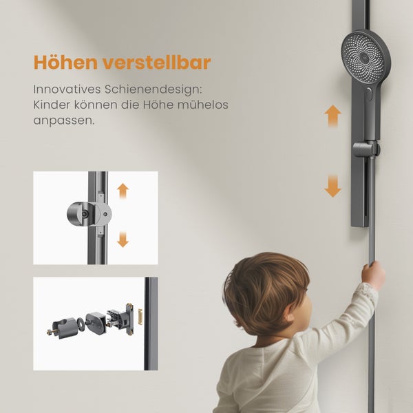 EMKE Duschsystem 601x395x135 mm mit Handbrause, Ablagearmatur, Höhenverstellung und 3 Strahlarten, mit Neoperl-Perlator & integriertem Filter, für Badezimmer, Matt Anthrazit