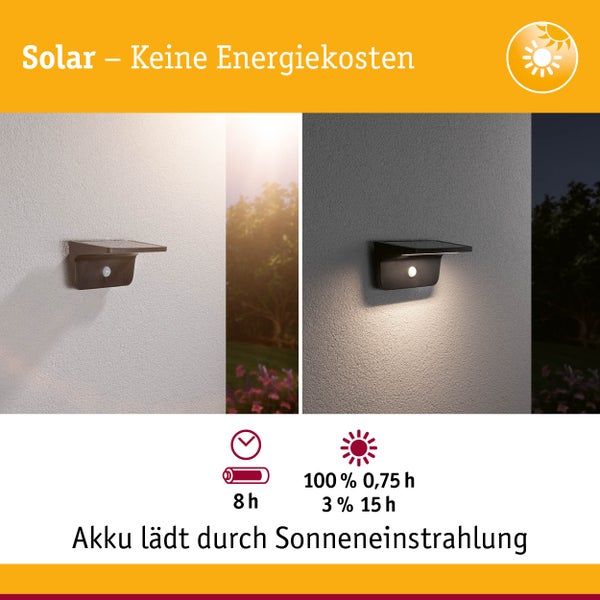 Solar LED Außenwandleuchte Cyrus inkl. Bewegungsmelder und Orientierungslicht IP44 3000K 350lm Anthrazit