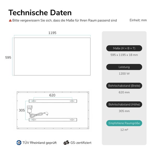 Technische Datenzeichnung der Infrarotheizung mit Maßen 595 x 1195 x 18 Millimeter, 1200 Watt Leistung, Bohrlöchern und TÜV sowie GS Zertifizierung.