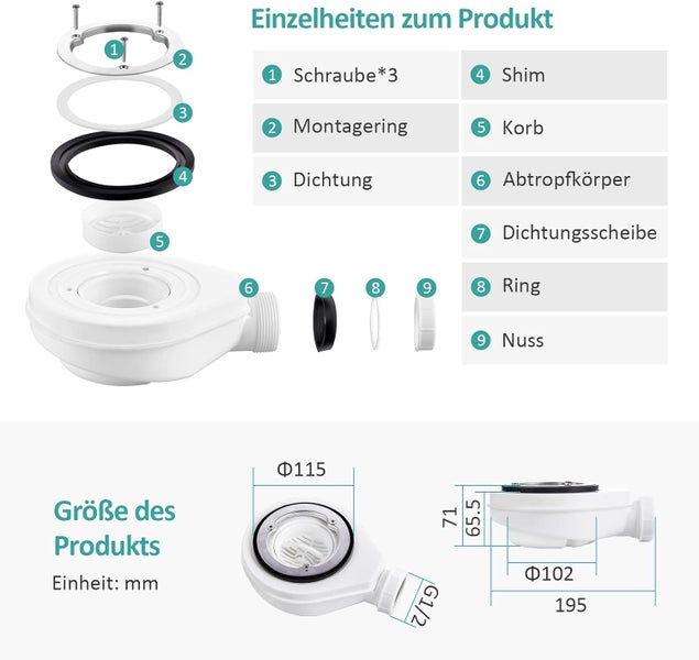 EMKE Ablaufgarnitur Duschwanne, Duschablauf mit Siphon, Geruchsverschluss und Haarsieb, Abfluss Ablaufloch set für Duschwanne, Weiß