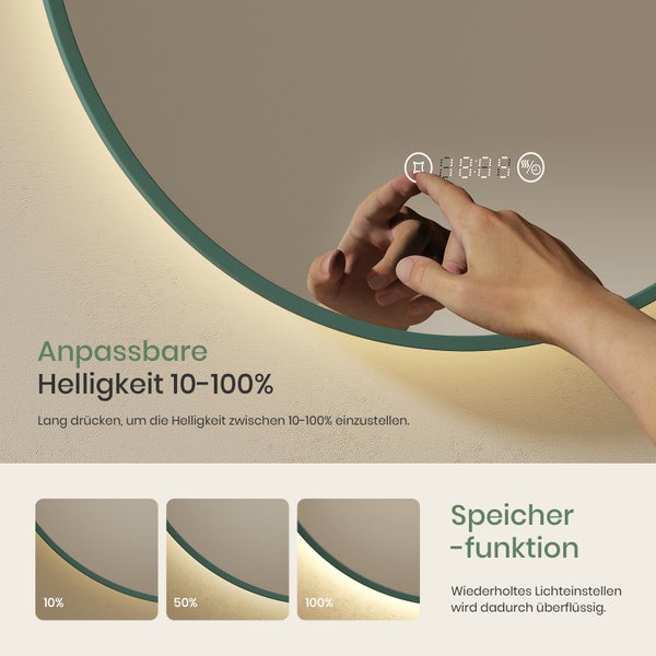 EMKE Badezimmerspiegel mit Beleuchtung Ø 60 cm, 4300K Neutralweiß, mit Touchschalter, LED-Uhr- und Temperaturanzeige,  Anti-Beschlag, elegantem grünem Rahmen, Wandspiegel für das Badezimmer
