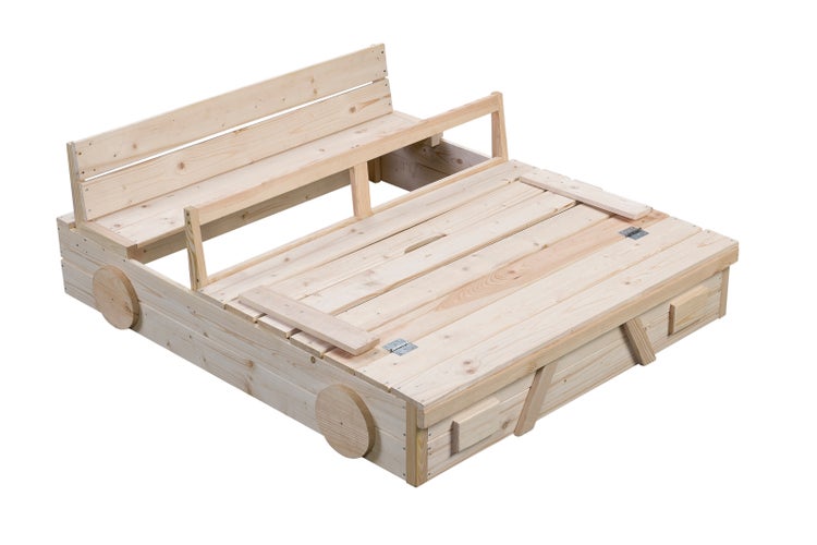 Sandkasten aus Holz mit Deckel und Sitzbank