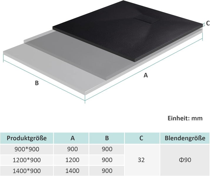 EMKE Duschwanne 140x90cm Flach, Rechteckig, Anti-Rutsch, Zuschneidbare SMC Duschtasse, Schwarz