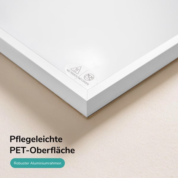 Infrarotheizung mit robuster Aluminiumrahmenkonstruktion und pflegeleichter PET-Oberfläche sowie Sicherheitshinweisen