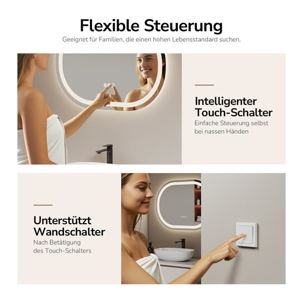 Darstellung eines Badezimmers mit beleuchtetem Spiegel, der über eine Touch-Funktion und einen Wandschalter bedient wird