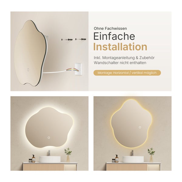 EMKE LED Badspiegel 50 x 60 cm, asymmetrisches Design, Hintergrundbeleuchtung, 3 Farbtemperaturen, dimmbar, Anti-Beschlag, rostfreier Spiegel, flexibel montierbar, IP44, für Badezimmer & Schlafzimmer geeignet