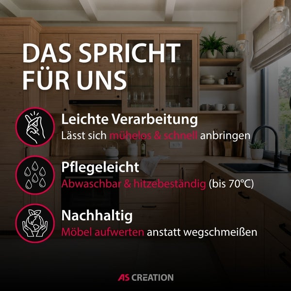Moderne Holzküche mit Details: leichte Verarbeitung, Pflegeleichtigkeit bis 70 Grad Celsius und Nachhaltigkeit. A.S. Création Logo.