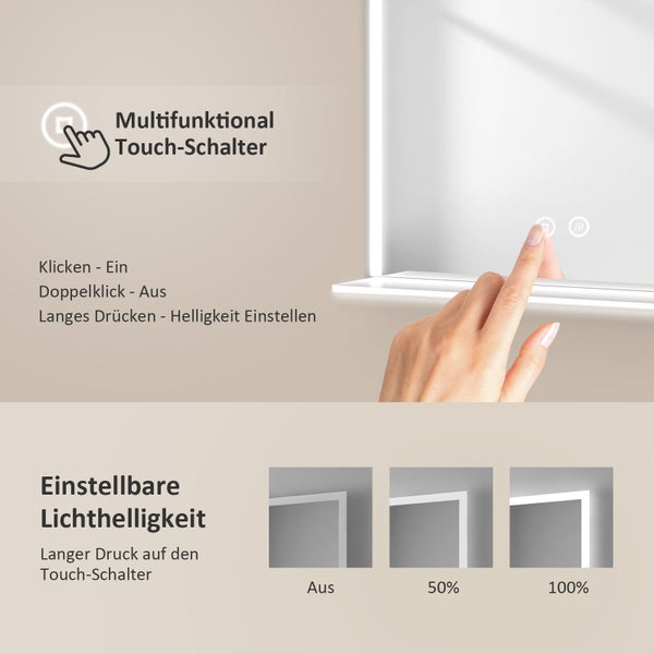 EMKE LED Badspiegel mit Ablage 70x50 cm, Kaltweiß, dimmbar, Touch-Schalter, Anti-Beschlag, mattierte Kanten, IP44, für Badezimmer geeignet