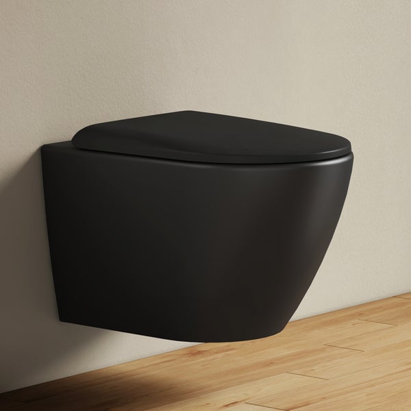 Schwarzes Wand-WC, spülrandlos, inklusive WC-Sitz, modernes Design für das Badezimmer, wandhängend.