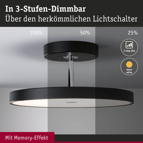 Schwarze LED-Deckenleuchte, flach und rund, dimmbar in drei Stufen (100, 50, 25 Prozent) über herkömmliche Lichtschalter, warmweiß.