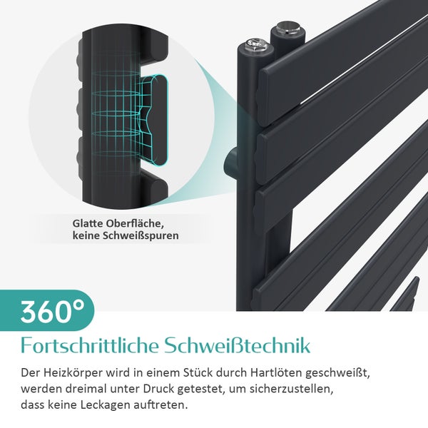 EMKE Badheizkörper Flach 1320x500 mm Schwarz Handtuchwärmer Handtuchtrockner, Panel Handtuchhalter Seitenanschluss für Bad Warmwasser 661W