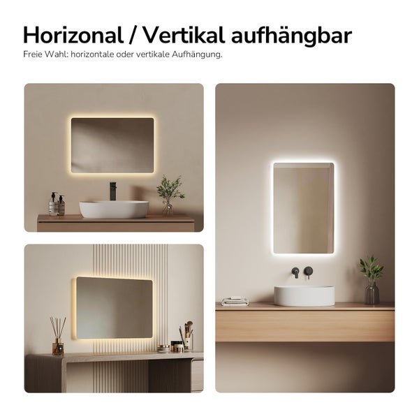 Drei Produktabbildungen zeigen einen Spiegel mit Beleuchtung, der horizontal oder vertikal angebracht werden kann.