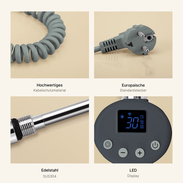 Detailansicht eines Handtuchwärmers mit Kabel, Stecker, Edelstahlkomponente und LED-Display