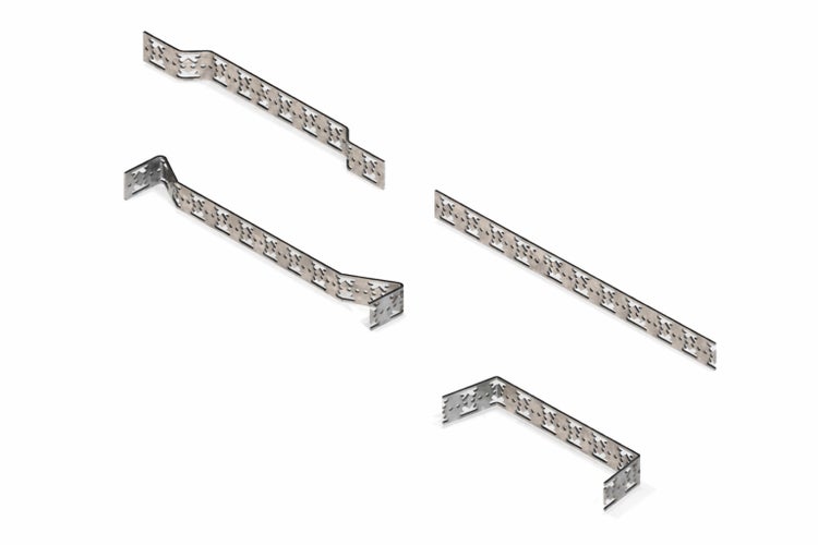 Mauerverbinder aus Metall in verschiedenen Formen mit Lochmuster.