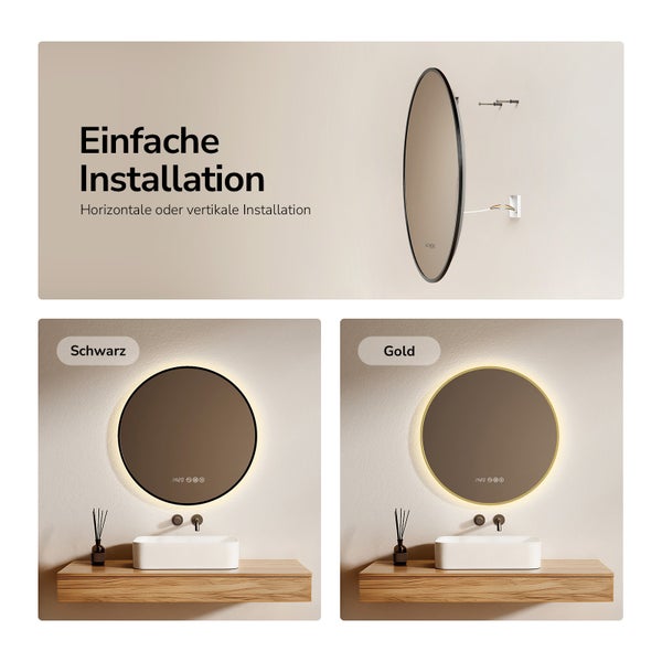 Runder LED Wandspiegel mit Touchsteuerung, montiert über einem Waschbecken auf einem Holzregal, erhältlich mit Rahmen in verschiedenen Ausführungen.