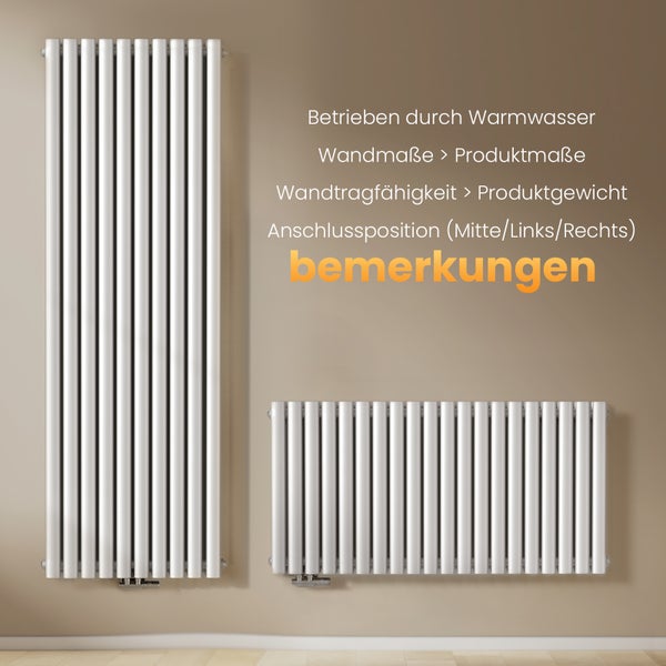 EMKE Design-Röhrenheizkörper für Warmwasserbetrieb, Mittelanschluss, doppellagig,  2175Watt, 60 cm x 180 cm, Weiß