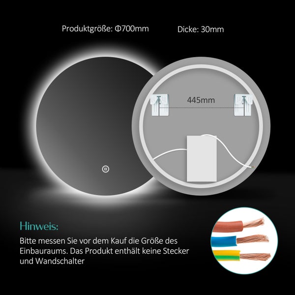 EMKE Badspiegel mit Beleuchtung Ø70 cm, mit Touch-Schalter, Kaltweiß, IP44, rostfreier Spiegel, für das Badezimmer