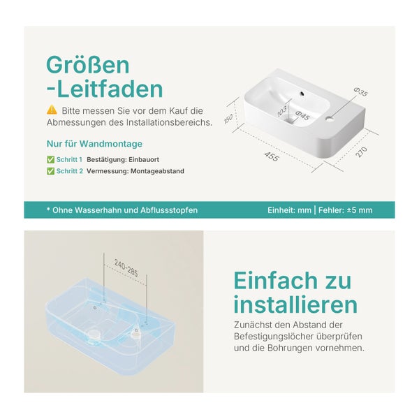 EMKE Wandwaschbecken 45x26,5 cm Hängewaschbecken Eckig Keramik Weiß Hahnloch rechts R-Ecken