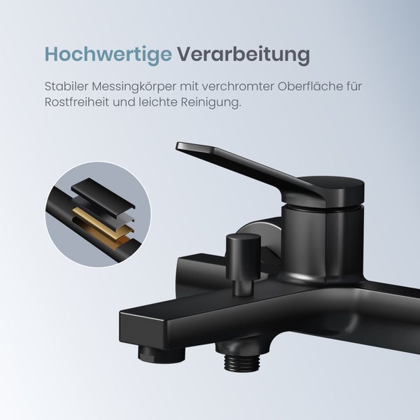 Schwarzer Badarmatur Wasserhahn mit Messingkörper und verchromter Oberfläche.